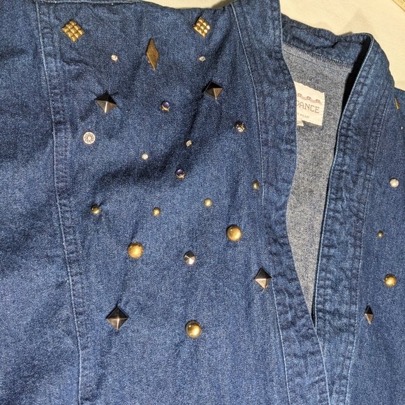 Vintage USA Sundance Blue Denim Longline Jacket Oversize L Pleated Studs Pockets - Picture 2 of 16